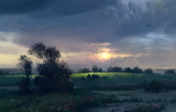 Картинка облака, цветы, рассвет, птица, утро, луг, кусты, нарисованный пейзаж