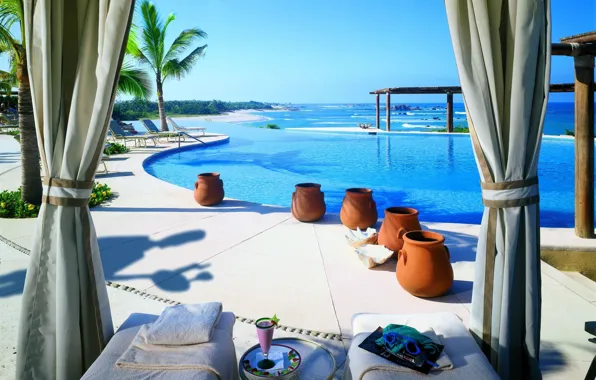 Картинка море, пальмы, бассейн