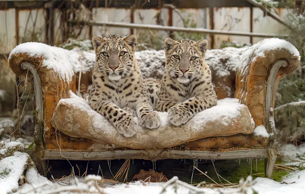 Картинка снег, диван, ирбис, снежный барс, дикие кошки, парочка, снежный леопард, нейросеть
