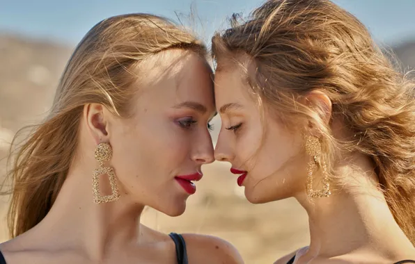 Duo, model, blonde, pose, earring, mouth, makeup, appearance