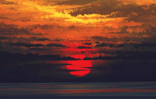 Закат, Солнце, Небо, Облака, Рисунок, Aenami, by Aenami, Alena Aenami