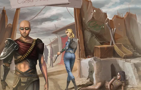 Картинка девушка, мужик, собака, Fallout 3, раб, Работорговцы, Slavers