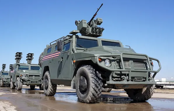 Колонна, бронеавтомобиль, ГАЗ-233114, армия России, боевой модуль Арбалет, репетиция Парада Победы, Корнет-Д1, «Тигр-М»
