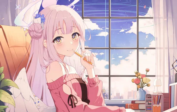 Девушка, цветы, комната, ангел, Blue Archive, Misono Mika
