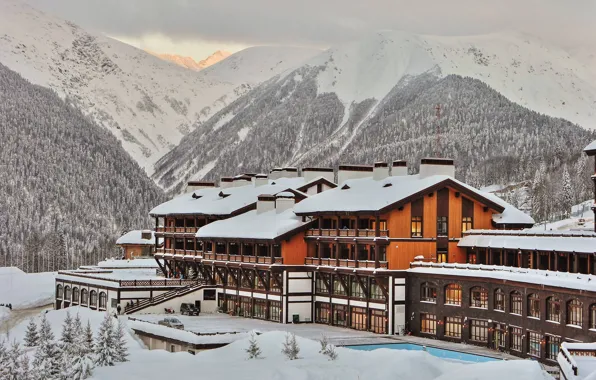 Картинка зима, снег, горы, отель