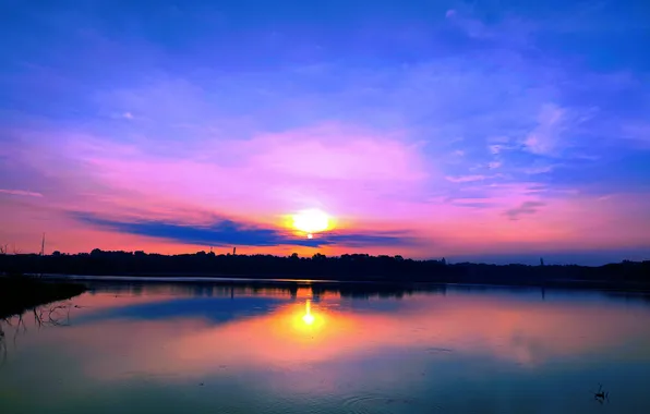 Sky, Sun, Water, Sunrise, Dawn, Morning, Lake, Trees