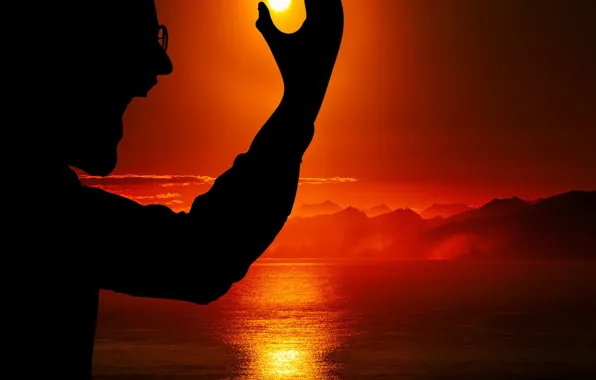 Moon, sky, sea, clouds, man, sunset horizon