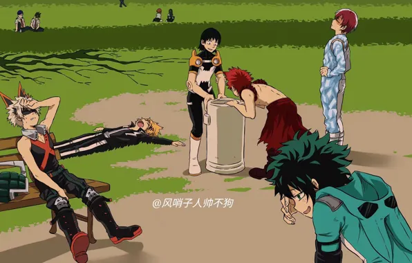 Жара, аниме, арт, парни, тренировка, Boku no Hero Academia, Моя геройская академия