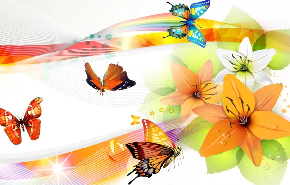 Картинка цветы, коллаж, бабочка, лилия, крылья, вектор, лепестки, мотылек
