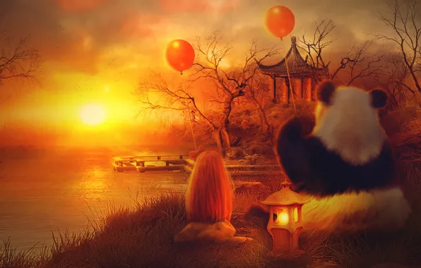 Картинка солнце, шарики, деревья, закат, оранжевый, озеро, дом, панда