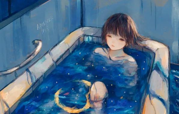 Картинка вода, девушка, ванна, звездное небо, полумесяц