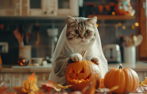 Кошка, кот, поза, наряд, тыква, Хэллоуин, мордашка, привидение