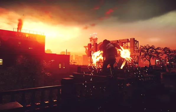 Light, red, white, smoke, yellow, sun, man, fly
