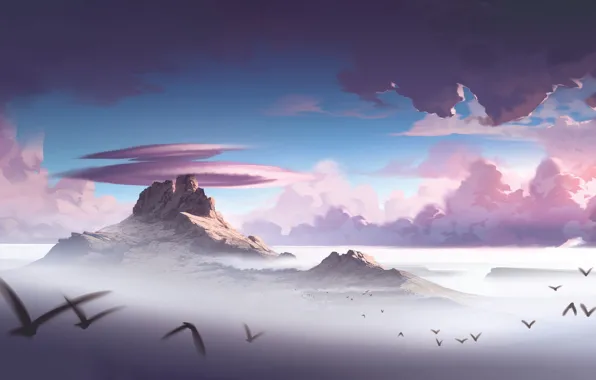 Небо, Облака, Горы, Скалы, Птицы, Пейзаж, Illustration, Concept Art