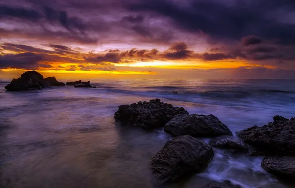 Картинка sea, rocks, sunrise, Spain