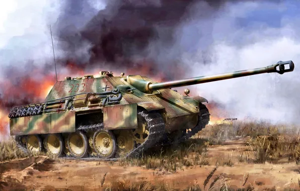 Картинка Трава, Дым, САУ, Jagdpanther, Истребитель танков, Вермахт, Циммерит, Тяжелая