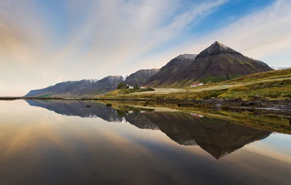Море, горы, отражение, дома, Исландия, Iceland, Serenity Westfjords