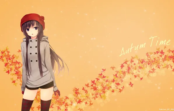 Картинка листья, девушка, фон, шорты, чулки, перчатки, Coffee-Kizoku