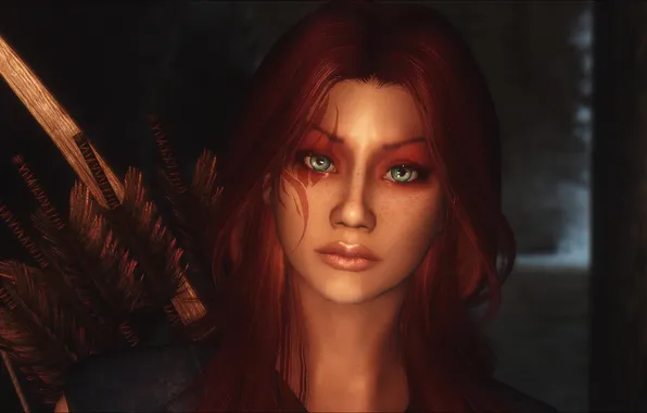 Картинка взгляд, девушка, лицо, игра, стрелы, зеленые глаза, скайрим, The Elder Scrolls V Skyrim