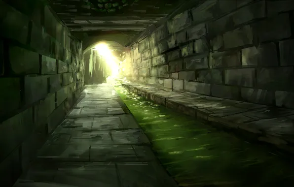 Картинка вода, свет, камень, туннель, кладка, речка, солнечные лучи, канализация