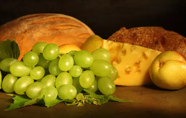Сыр, хлеб, виноград, фрукты, груши