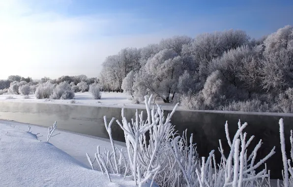 Картинка зима, снег, деревья, река