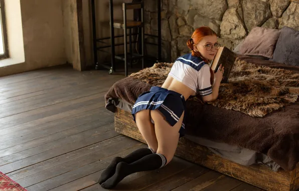 Ass, school uniform, panties, model, women, redhead, bed, bent over