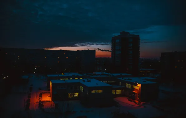 Зима, небо, город, огни, рассвет, панельки, Ульяновск