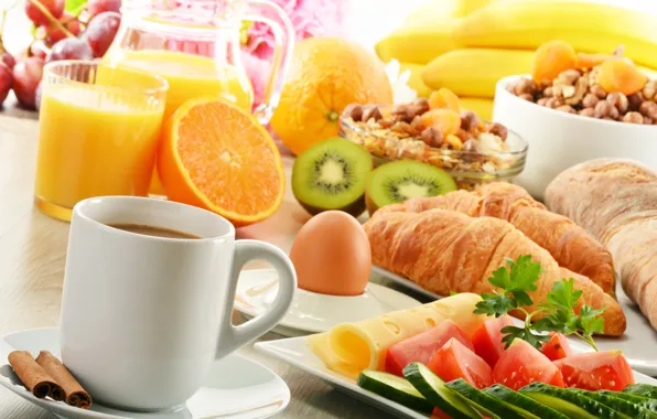 Кофе, еда, апельсины, завтрак, сыр, киви, сок, фрукты