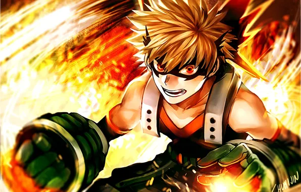Аниме, Огонь, арт, герой, парень, Boku no Hero Academia, Моя геройская академия, Бакуго Катсуки