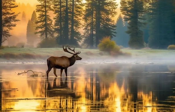 Картинка forest, trees, animals, landscape, nature, water, art, reflection