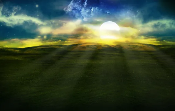 Картинка поле, трава, солнце, фото, холмы, пейзажи, лучи света