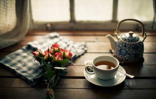 Картинка чай, розы, окно