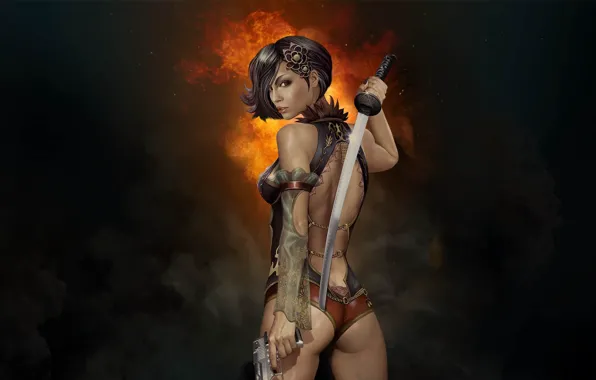 Картинка девушка, пистолет, оружие, дым, меч, катана, клинок, Gunblade Saga