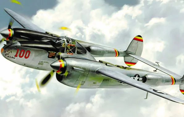 Картинка war, art, painting, aviation, Lockheed P-38 Lightning, ww2