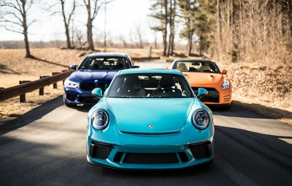 Картинка 911, Porsche, BMW, GTR, Orange, Nissan, Blue, Front