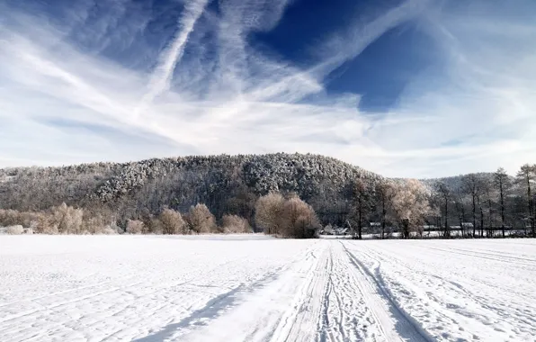 Картинка зима, дорога, поле, лес, небо, снег, пейзаж, природа