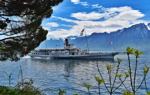 Облака, горы, озеро, Швейцария, теплоход, Montreux
