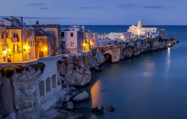Море, скалы, здания, Италия, Italy, Апулия, Адриатическое море, Adriatic Sea