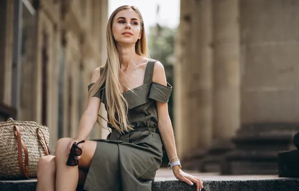 Woman, young, sitting, stairs