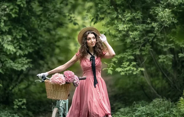 Картинка девушка, цветы, природа, велосипед, поза, настроение, корзина, платье