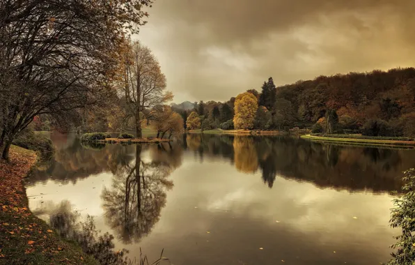 Картинка осень, Англия, листопад, Wiltshire, Stourhead Gardens