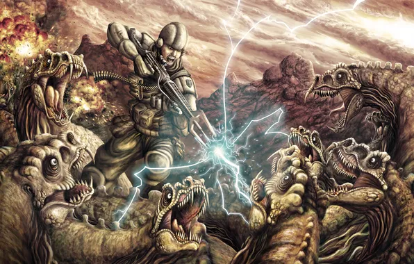 Картинка молния, бой, Солдат, динозавры, броня, винтовка, в окружении