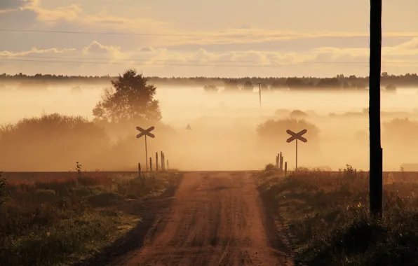 Картинка дорога, поле, туман, переезд