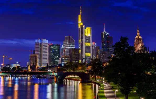 Ночь, город, Германия, высотки, Frankfurt am Main