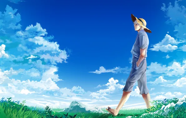 Картинка небо, облака, шляпа, луг, парень, Gintama, гинтама, Sakata Gintoki