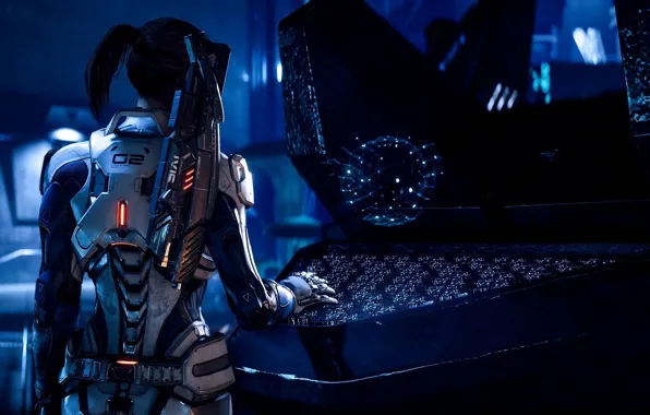 Gun, game, weapon, woman, Mass Effect, suit, Mass Effect Andromeda, Mass Effect: Andromeda