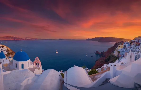 Картинка море, закат, здания, дома, Санторини, Греция, церковь, Santorini