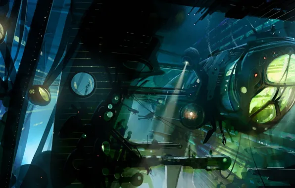 Корабль, подводный, warship, аквалангисты, прожектора, under water