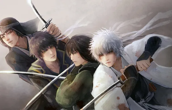 Картинка кровь, мечи, красные глаза, мужчины, самураи, Gintama, Sakata Gintoki, Takasugi Shinsuke